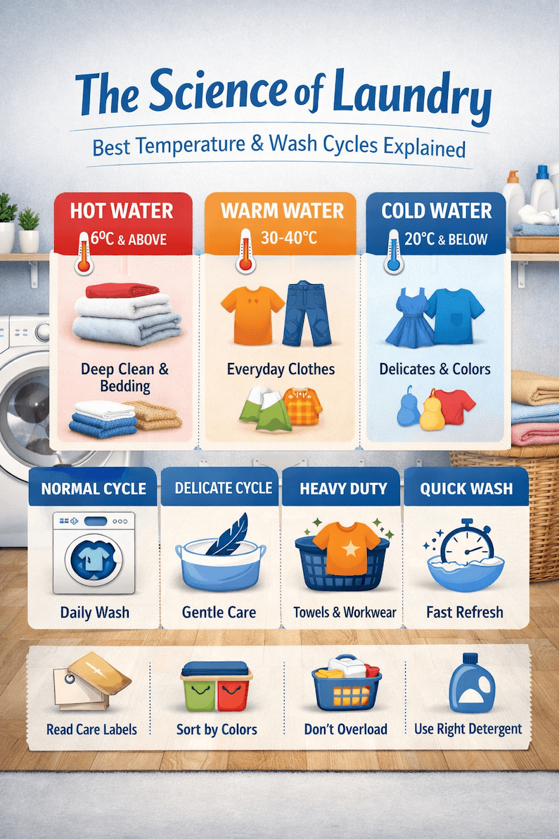 Getting laundry right isn’t just about tossing clothes into a machine—it’s about understanding how temperature and wash cycles affect different fabrics. Using the correct settings not only keeps your clothes clean but also extends their lifespan, preserves colour, and prevents damage.  In this guide, we break down the science of laundry so you can choose the best temperature and cycle for every load.